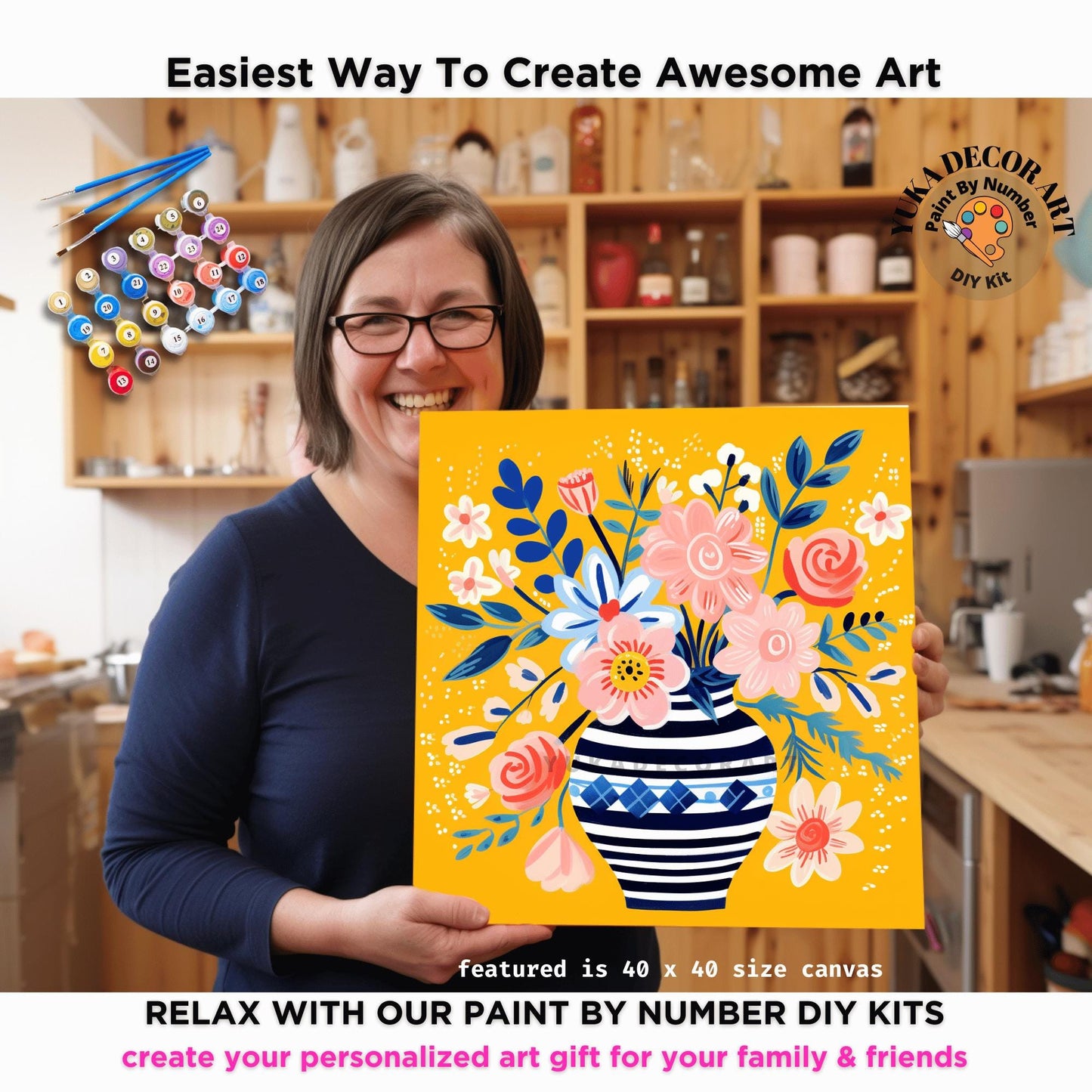 Vintage Flowers PAINT by NUMBER Kit Adult, Flowers Vase Still life Art ,Easy Beginner Acrylic Diy Painting | Gift for Wife Girlfriend Mom