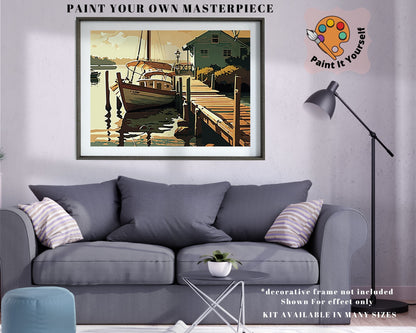 60's style PAINT by NUMBER Kit for Adult ,Boat Pier Rustic Boathouse on Sea,Sunset Sky , Easy Beginner Acrylic Painting Kit,Home Decor Gift