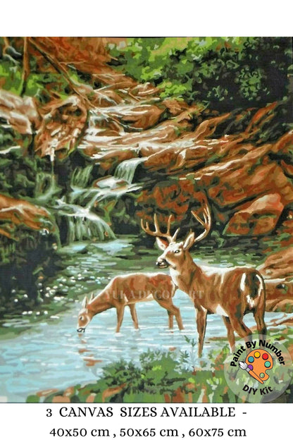 Deers in Forest PAINT by NUMBER Kit  Adult , Mountain Stream Vintage Style DIY Art , Easy Painting Hobby  Kit,Gift For Mom Grandmother