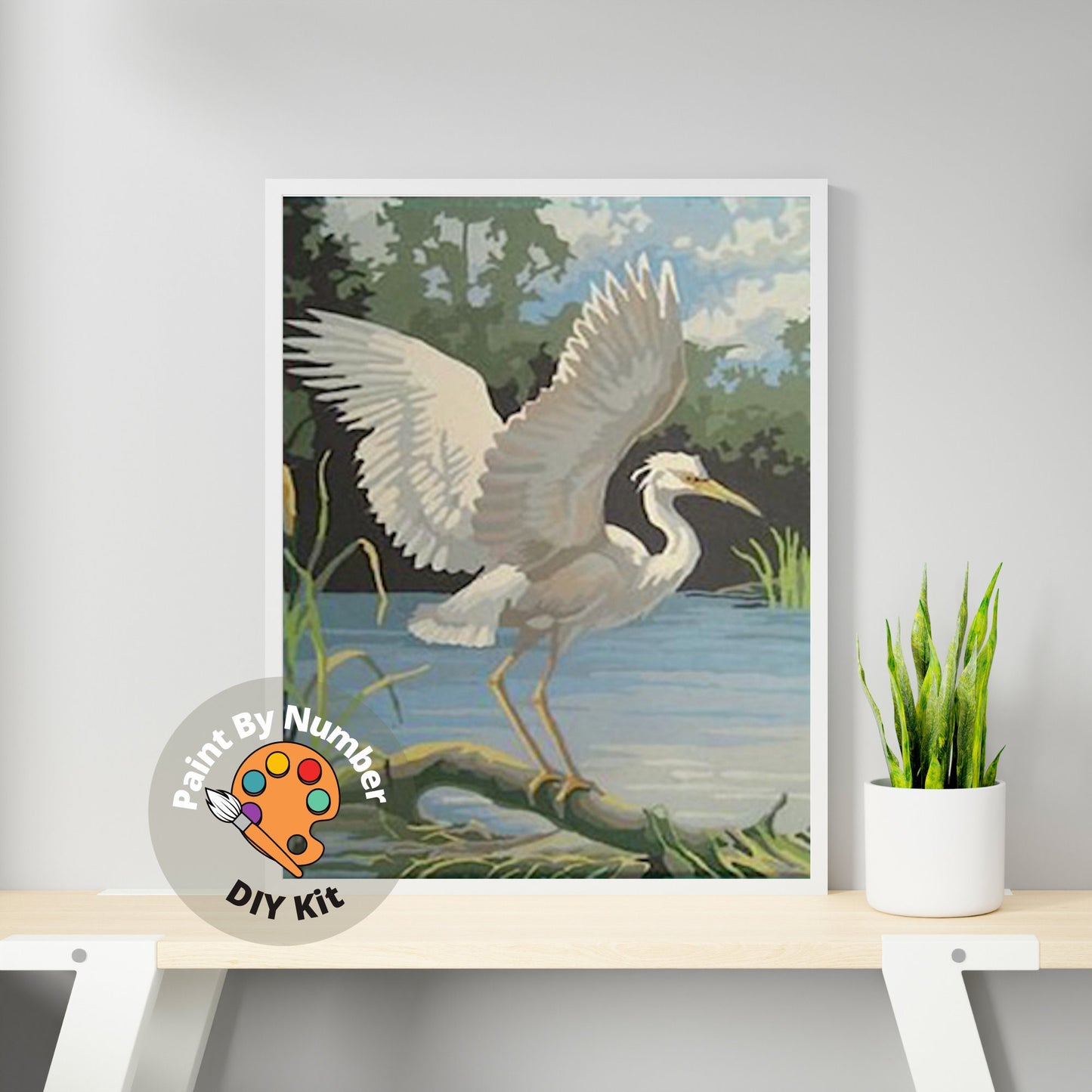 White Egret Bird Vintage PAINT by NUMBER Kit Adult , DIY Vintage 1960s Style Paint Kit ,  Beginner Acrylic Canvas Painting Kit