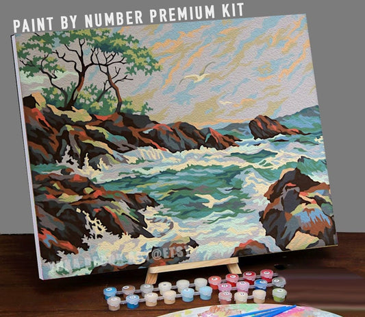 Vintage PAINT by NUMBER Kit for Adult , Easy Seascape Waves Painting , Beginners Acrylic Painting ,Vintage Decor Gift