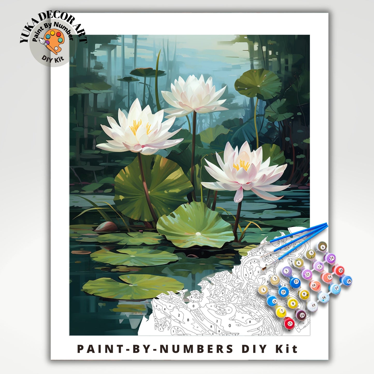 Nature PAINT by NUMBER Kit For Adults White Lilies Lake Flowers DIY Painting Easy Beginners Paint Kit Garden Lover Housewarming Decor Gift