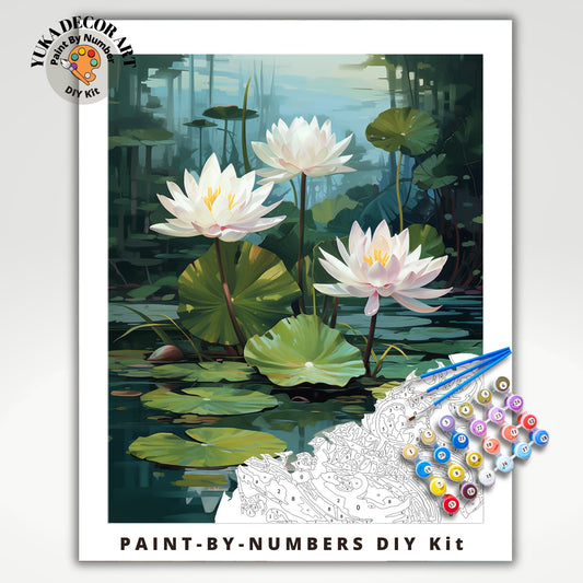 Nature PAINT by NUMBER Kit For Adults White Lilies Lake Flowers DIY Painting Easy Beginners Paint Kit Garden Lover Housewarming Decor Gift