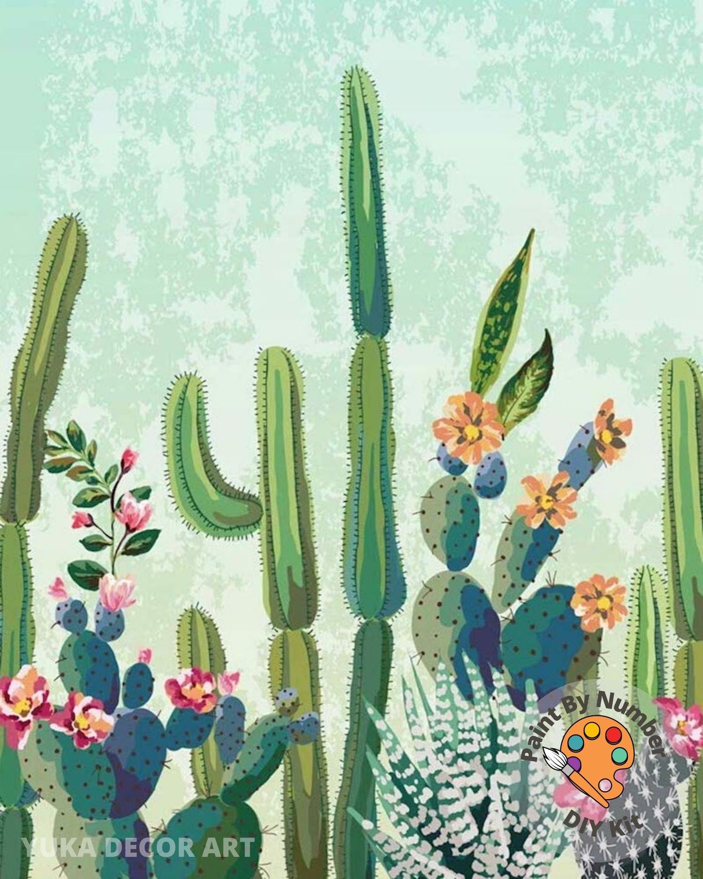 Paint by Numbers  Kit for Beginner , Kids & Adult Hobby, Green Cactus with Flower,Desert Landscape , Easy Acrylic DIY Painting Decor Gift