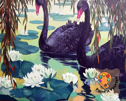 Black Swans In Lake Garden PAINT by NUMBER Premium DIY Paint Kit Adult , Vintage Style Easy Beginner Painting Gift