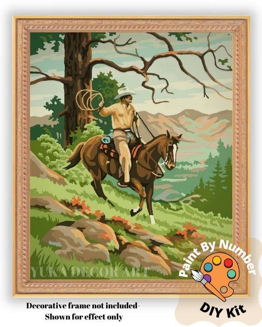 Vintage Style PAINT by NUMBER Kit Adult Cowboy Mountain Scene Art Easy Beginner Acrylic Painting DIY Kit Cabin Home Decor Gift Dad Grandad
