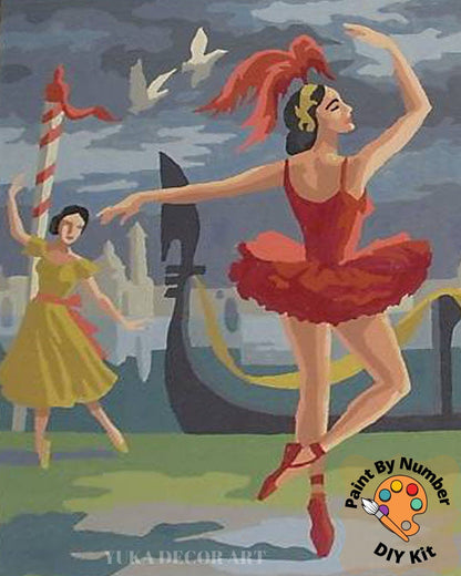 Vintage Paint By Number Set of 2,Ballet Dancer Couple,Moonlit lake , Vintage Wall Art