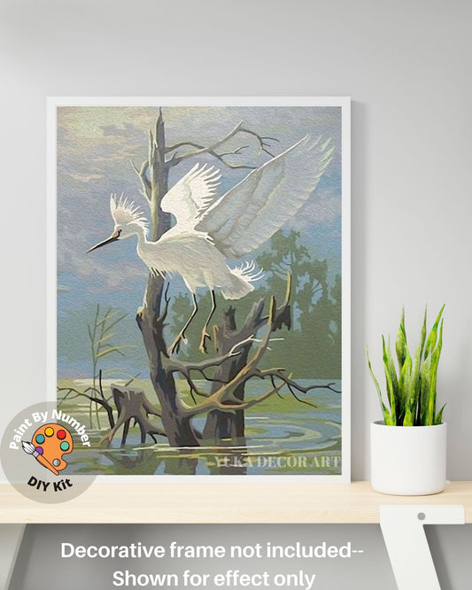 White Egret Bird Vintage PAINT by NUMBER Kit | Adult DIY Painting Kit Birds In Lake  , Easy Beginner Oil Painting,Vintage Art Decor Gift