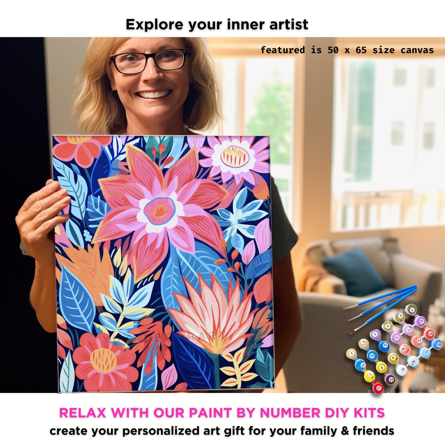 PAINT by NUMBER Kit Adult  Garden Flowers Modern Pink Blue Pastel Wall Art Easy Beginner Acrylic Paint DIY Kit Mom Dad Gift