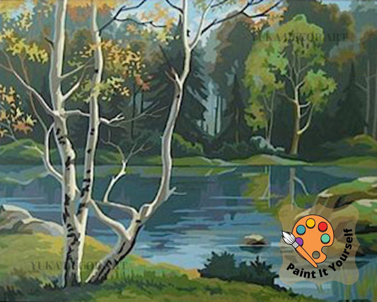 Forest Lake Vintage PAINT by NUMBER Kit Adult, Forest Mist Quiet Water Scene, Easy Beginner Acrylic Painting DIY Kit,Vintage Decor Gift