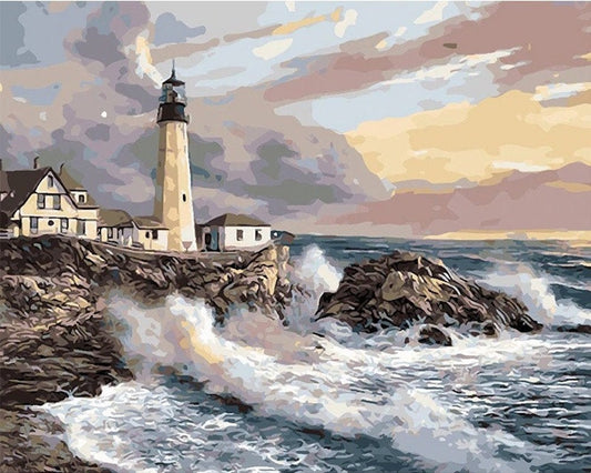 Paint by Numbers Kit for Adults Beginner, Seashore Lighthouse Waves Theme , Canvas Acrylic Oil Painting Kit- Home Decor DIY Art Kit