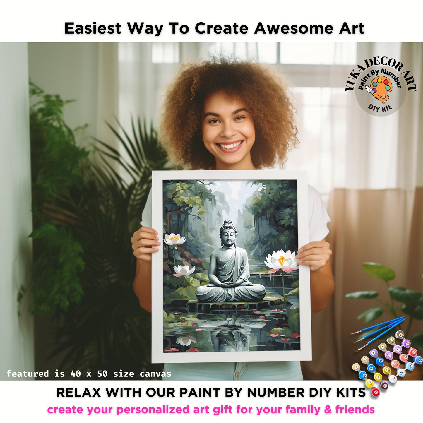 Buddha PAINT by NUMBERS Kit For Adults Serene Lake  White Lotus Flower DIY Pastel Acrylic Paint Kit Zen Meditation Chakra Housewarming Gift