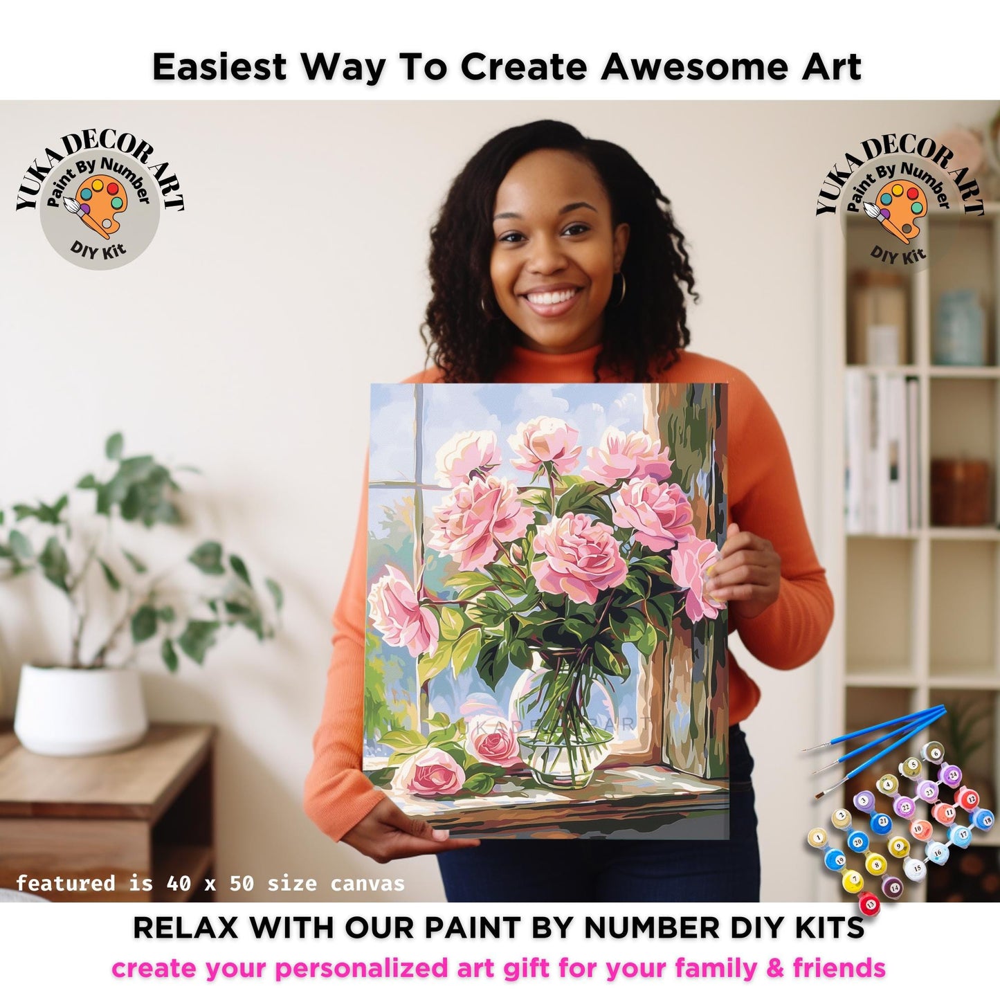 Pink Peonies Paint by Number Kit Adult Flowers Painting Easy Beginner Acrylic Paint Kit Anniversary Gift For Girlfriend Bday Home Decor Gift