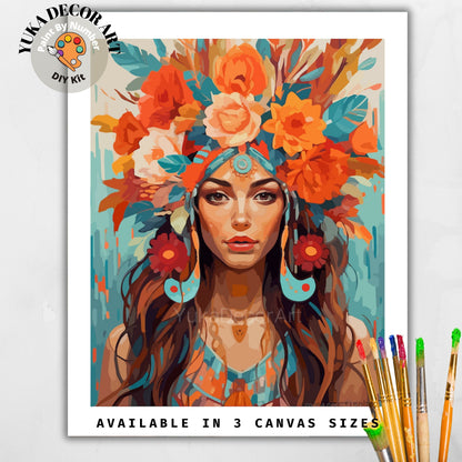 Woman Boho Flower PAINT by NUMBERS DIY Kit For Adults Easy Beginner's Painting Kit Home Decor Wall Art Gift Housewarming | Code: WO2307106