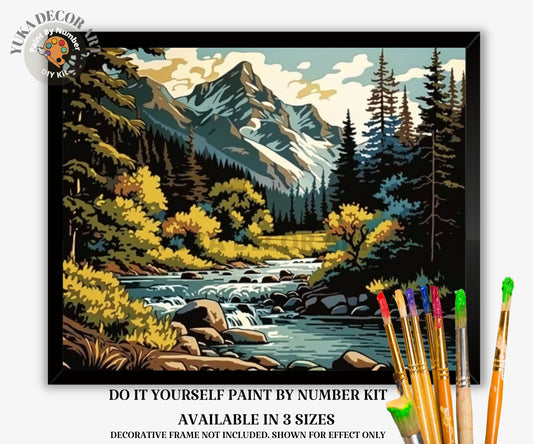 Mountain Forest River PAINT by NUMBER Kit for Adult DIY Nature Vintage Style Art Easy Beginner Acrylic Painting Kit Vintage Cabin Decor Gift