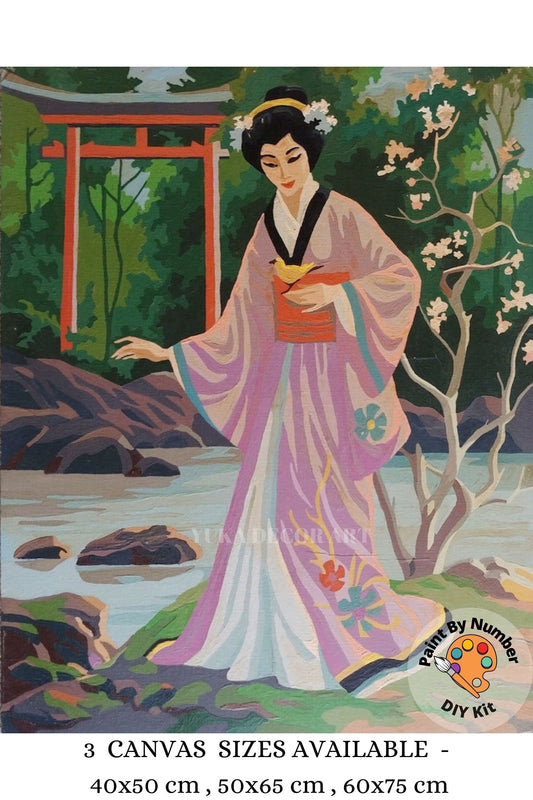 Japan Lady Vintage PAINT by NUMBER  Adult , Japanese Pagoda Garden Landscape , Easy DIY Beginners  Painting Kit , Wall decor  Gift
