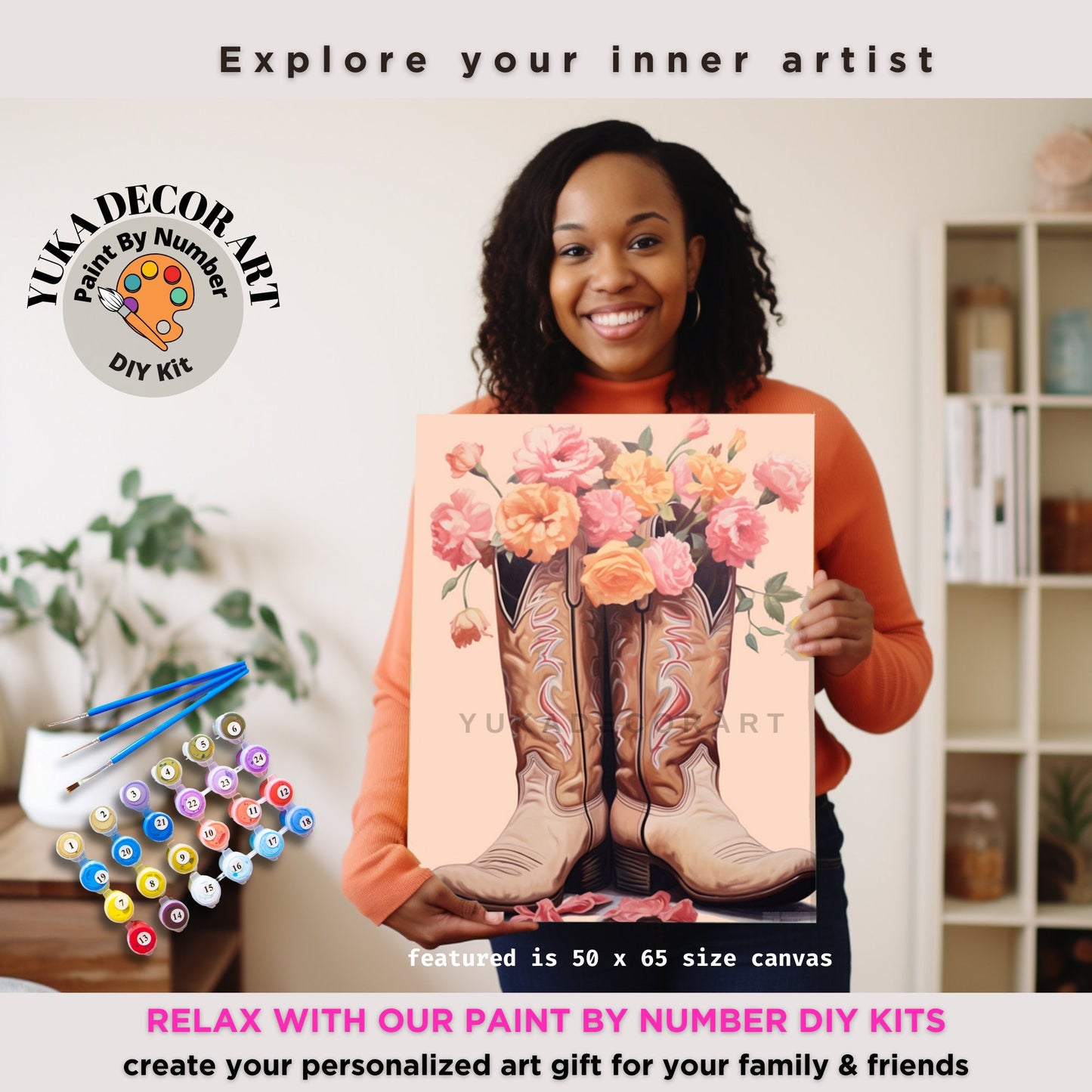 Cowboy Boots and Flowers PAINT by NUMBER Kit Maximalist Art Adult Painting DIY Numbers Set Easy Beginners Birthday Gift For GirlFriend Mom