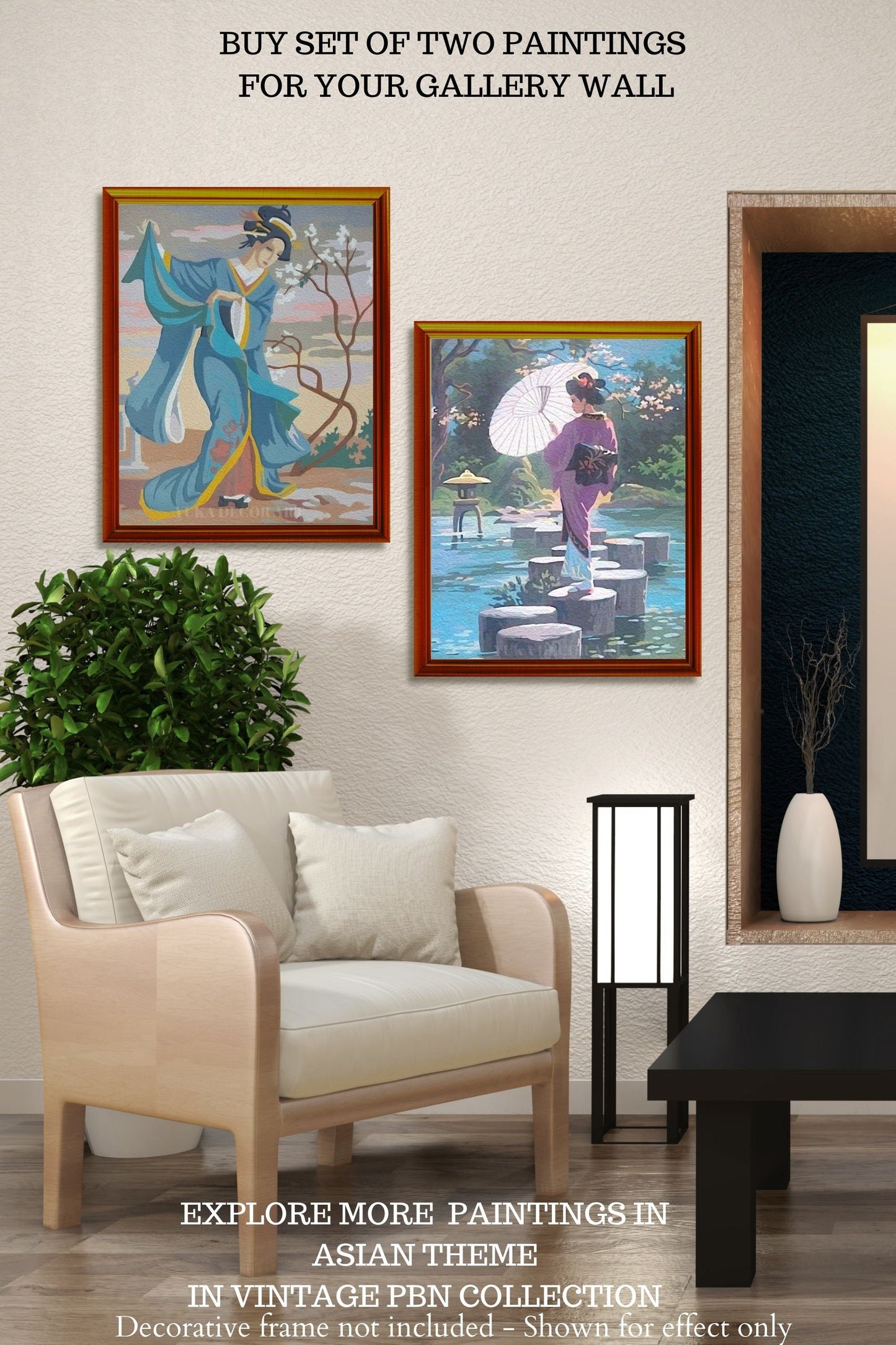 Geisha Woman Vintage PAINT by NUMBER Kit Adult , Girl With Umbrella, Japanese Garden Landscape , Easy DIY Beginners  Painting Kit , Mom Gift