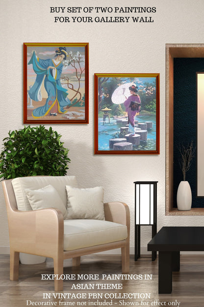 Geisha Woman Vintage PAINT by NUMBER Kit Adult , Girl With Umbrella, Japanese Garden Landscape , Easy DIY Beginners  Painting Kit , Mom Gift