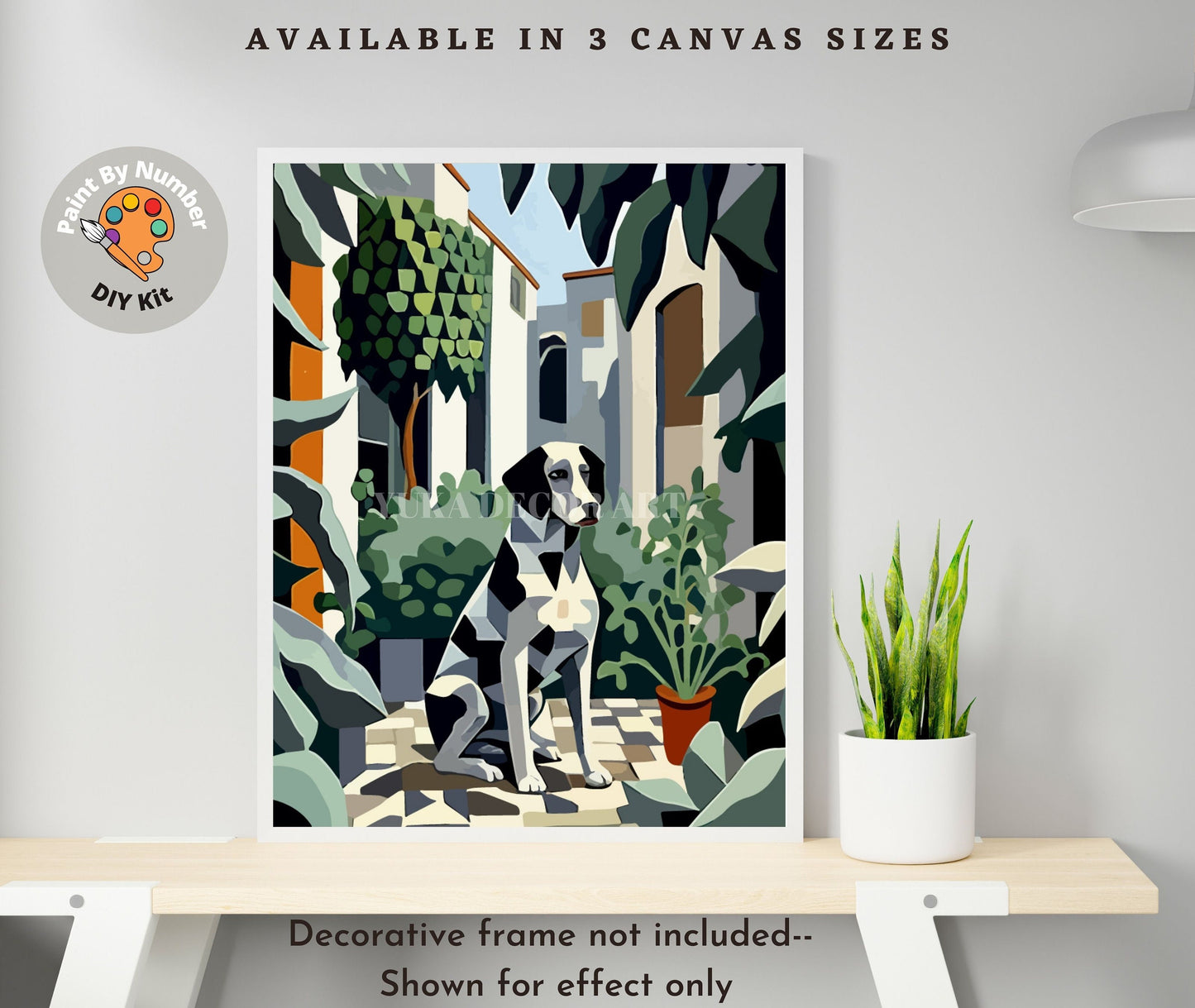 Modern PAINT by NUMBER Adult Kit ,Dog  In Courtyard , Foliage Plants ,Artist DIY Beginners Acrylic Paint Canvas Kit ,Wall Decor Gift