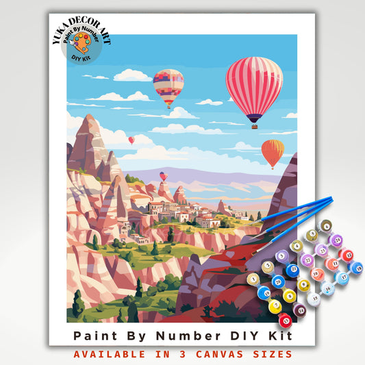 PAINT by NUMBER Kit Adult , Mediterranean Landscape Sky Hot Balloon Vista DIY Painting Easy Beginners Acrylic Paint Kit Premium Decor Gift