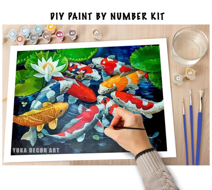 Koi Fish PAINT by NUMBER Kit Adults , White Lotus Plant In Lake , Easy DIY Beginners Acrylic Paint Kit ,Living Bedroom Wall Art Decor Gift