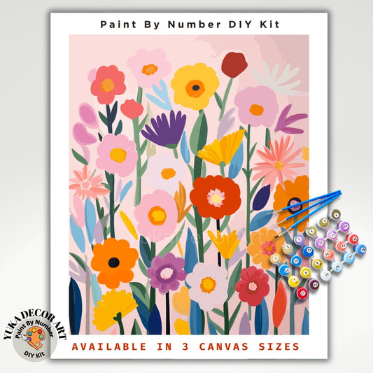 Wildflowers PAINT by NUMBER Kit for Adults , Modern Floral DIY Painting Chic Colorful Easy Beginners Paint Hobby Kit Wall Decor Art Mom Gift