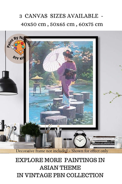 Geisha Woman Vintage PAINT by NUMBER Kit Adult , Girl With Umbrella, Japanese Garden Landscape , Easy DIY Beginners  Painting Kit , Mom Gift