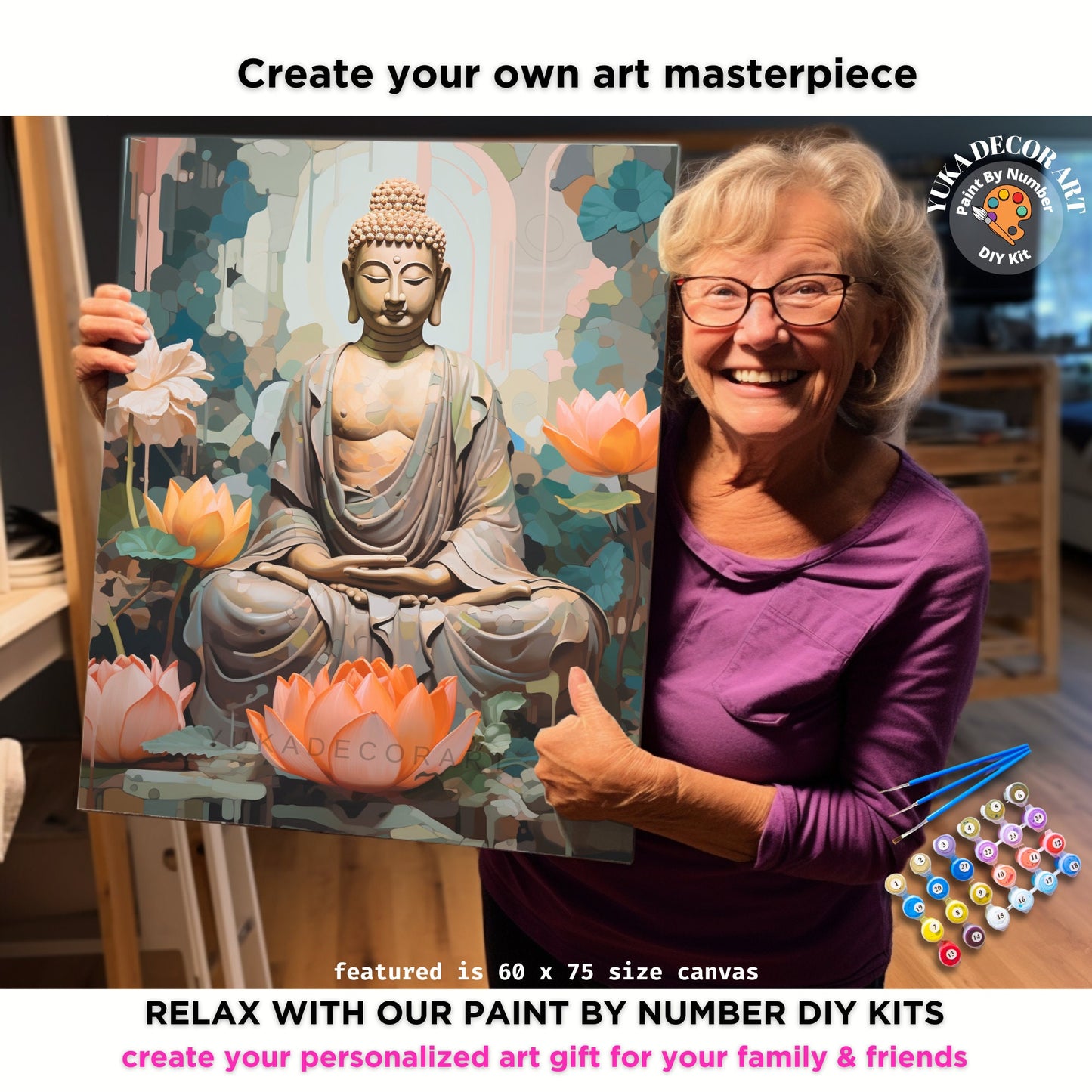 Buddha PAINT by NUMBERS Kit For Adults Buddha Vibrant Pink Lotus Floral DIY Acrylic Painting Kit Zen Chakra Meditation Studio Decor Gift