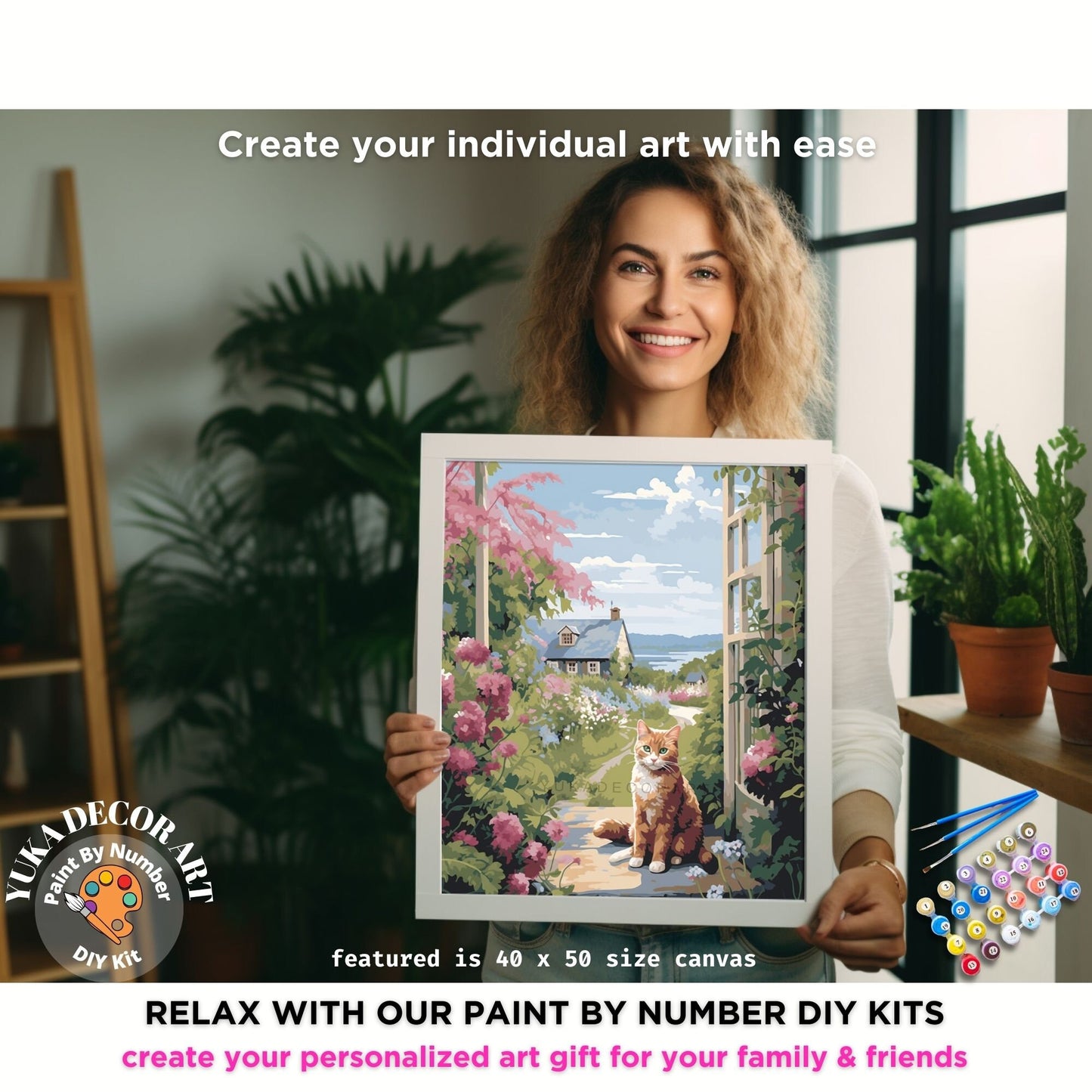 PAINT by NUMBERS Kit Adults Cat In The Flower Garden Easy Beginners Pastel Colors DIY Paint Kit Anniversary Gift For Mom