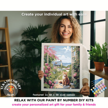 PAINT by NUMBERS Kit Adults Cat In The Flower Garden Easy Beginners Pastel Colors DIY Paint Kit Anniversary Gift For Mom