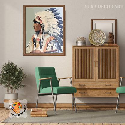 Red Indian PAINT by NUMBER DIY Kit for Adult , Native American Vintage Style Art , Easy Beginner Acrylic Paint Kit,Wall Art Gift