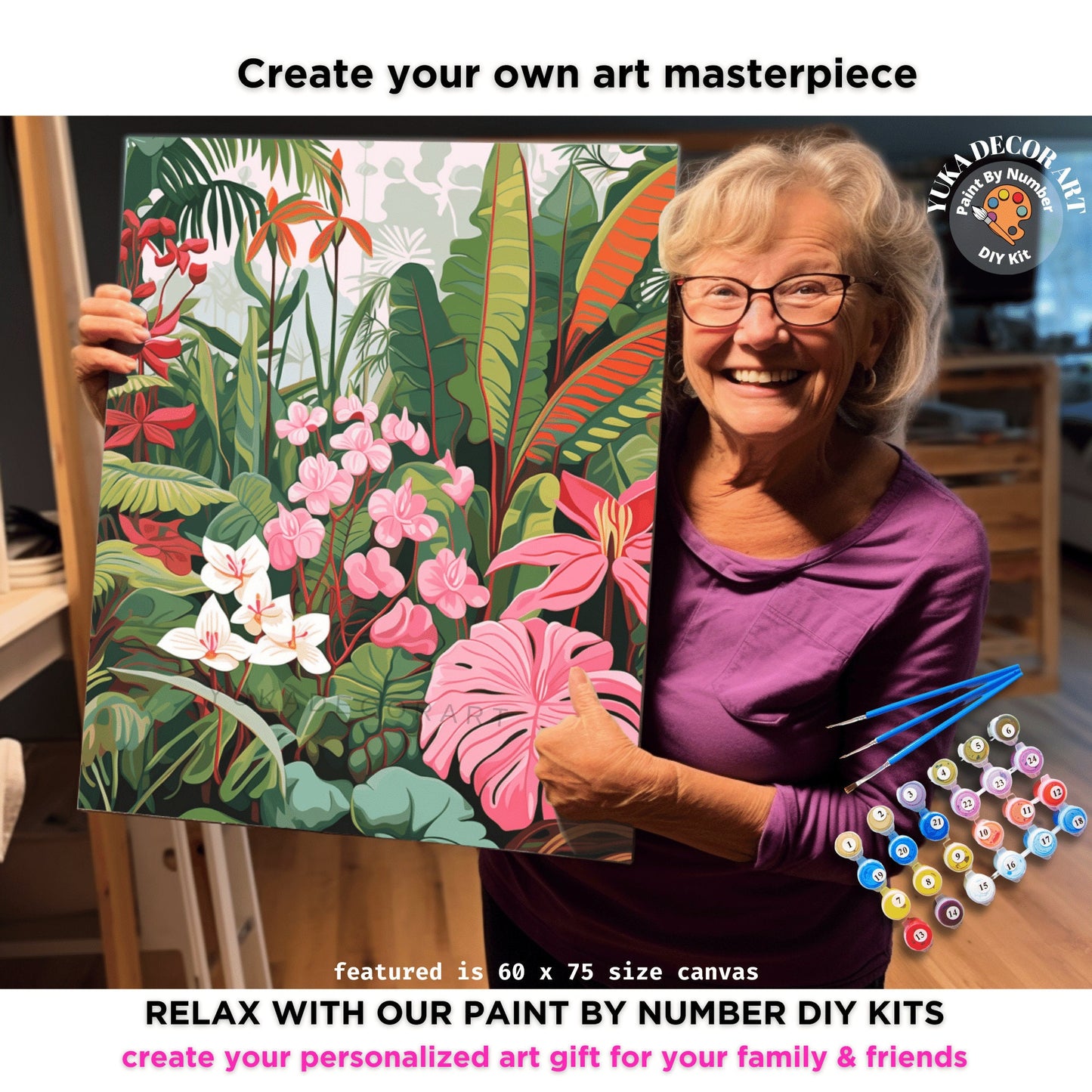 Tropical Forest PAINT by NUMBER Kit Adult Vibrant Leaves Foliage Colors Easy Beginner's Painting DIY Kits Gift for Mom Dad