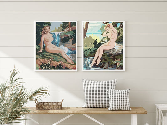 Vintage PAINT by NUMBER Kit Adult , Naked Woman Relaxing Forest Waterfall , Easy Beginner Acrylic Painting DIY Kit , Vintage  Decor Gift Mom