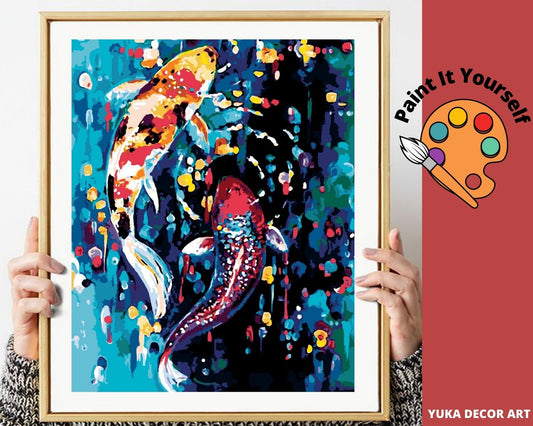 Koi Fish PAINT by NUMBER Kit for Adults , Colorful Fishes In Lake , Easy DIY Beginners Acrylic Paint Kit ,Living Bedroom Wall Art Decor Gift