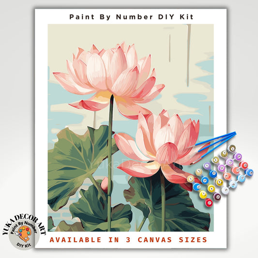 Pink Lilies PAINT by NUMBER Kit for Adults Flowers Lake Garden DIY Painting Floral Easy Beginners Paint Hobby Kit Wall Art