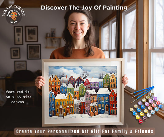 Colorful Town PAINT by NUMBERS DIY Kit Adult Winter Vintage Art Village Scene Acrylic Painting Easy Beginner Craft Kit Mom Dad Birthday Gift
