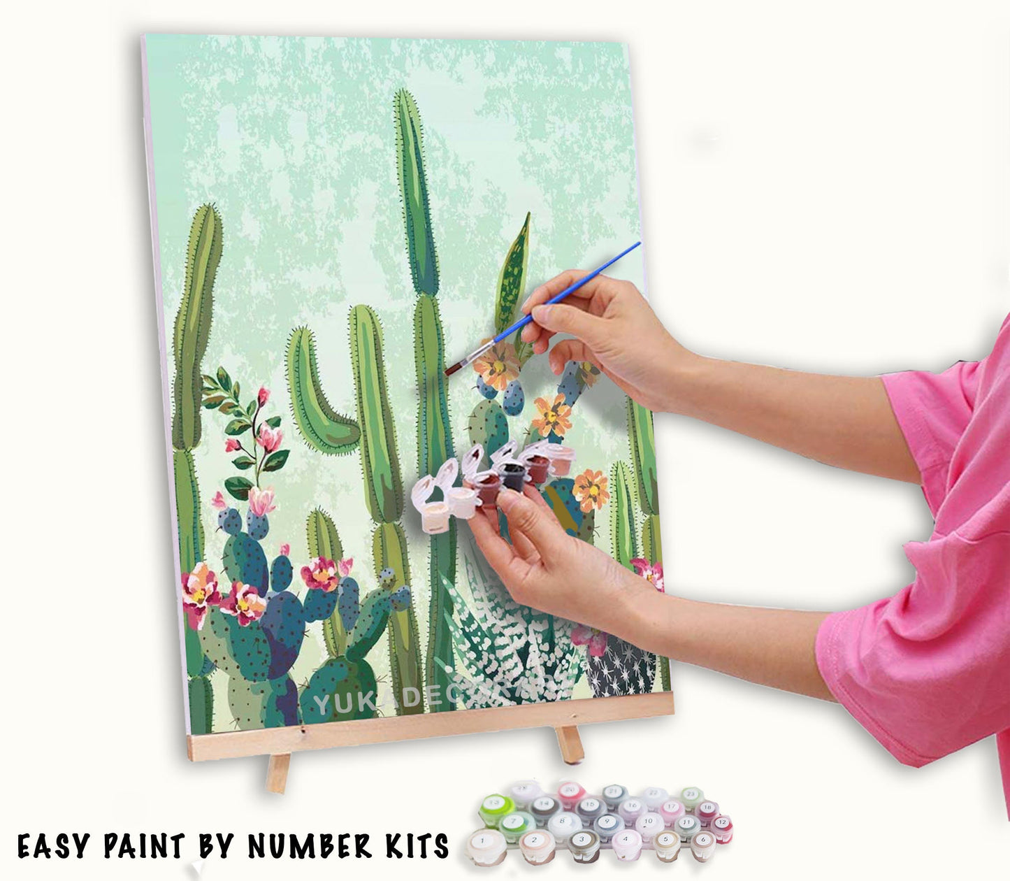Paint by Numbers  Kit for Beginner , Kids & Adult Hobby, Green Cactus with Flower,Desert Landscape , Easy Acrylic DIY Painting Decor Gift