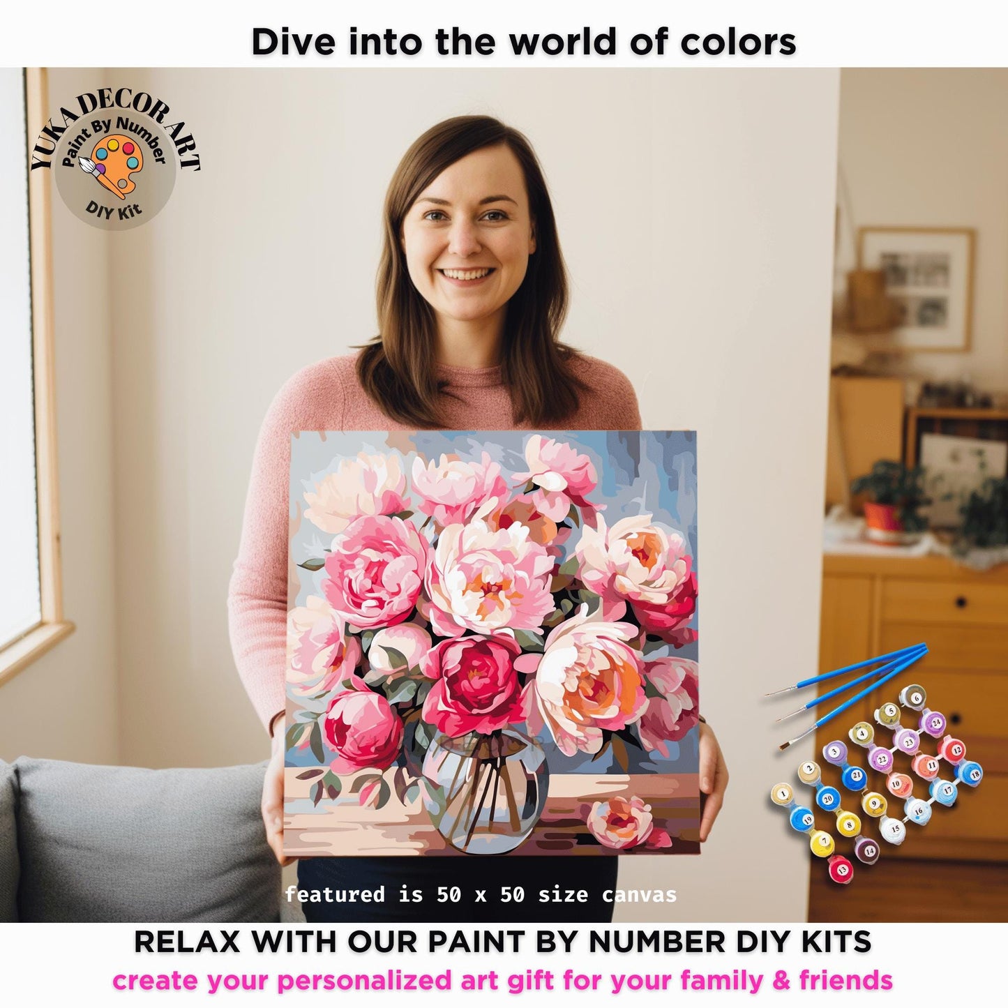 Peonies Flowers In Vase PAINT by NUMBER Kit Adults Still Life Vintage Style Painting Easy Beginners Diy Art Housewarming Gift Mom Sister