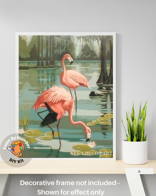 Flamingo Birds Vintage PAINT by NUMBER Kit | Adult DIY Painting Kit Birds In Lake  , Easy Beginner Oil Painting,Art Decor Gift