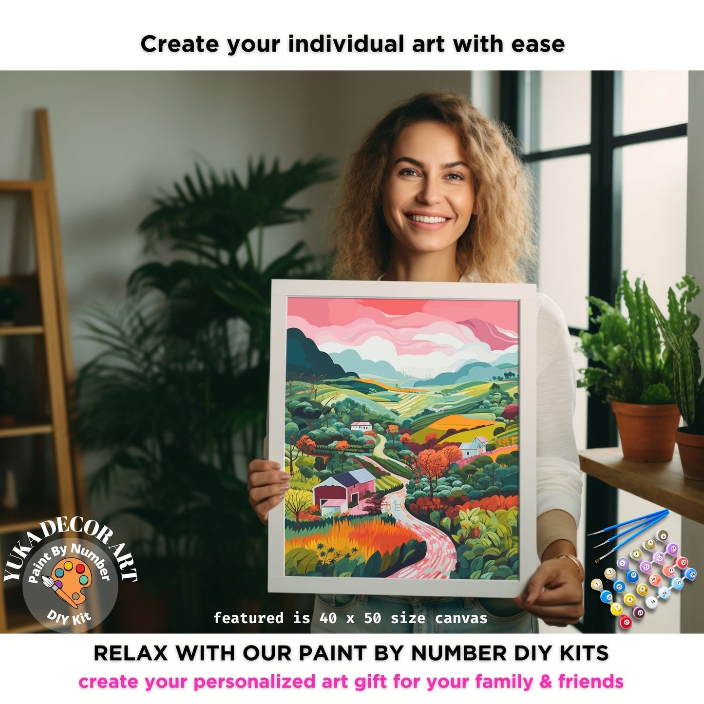 PAINT by NUMBERS Kit Adult Mountain Flowers Pastel Colors Landscape Modern Minimalist Naive Art DIY Painting Beginners Oil Paint Canvas Kit