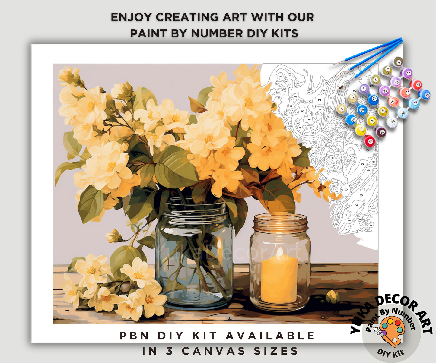 Blossom Flowers PAINT by NUMBER Kit Adult,Mason Jar Bouquet Still Life Painting , Beginner DIY Kit , Mothers Day Gift for Mom Aunt Grandma