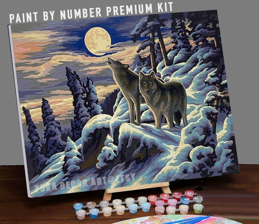 Night Wolves Vintage PAINT by NUMBER Kit Adult , Snow Mountain Full Moon Night Painting , Easy Beginner Acrylic Painting Kit,Home Decor Gift