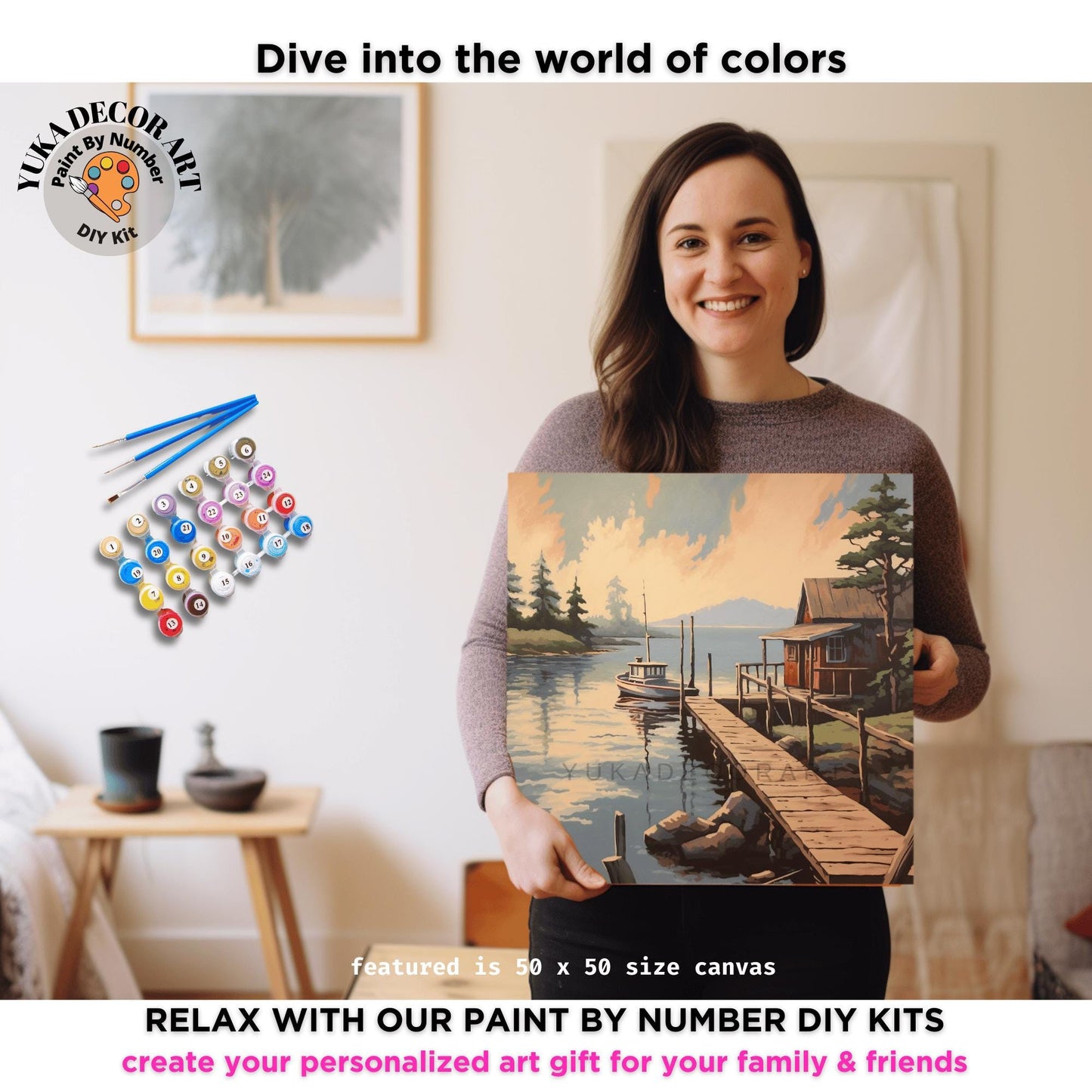 Lakeside Boat Vintage Style PAINT by NUMBER Kit Adult, Landscape Painting, Easy Beginner DIY Paint Kit, Lake Home Gift For Grandfather Dad