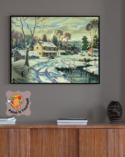 Winter Vintage PAINT by NUMBERS Kit for Adult Snow Fall Village Scenery Vintage Style Painting Easy Beginner DIY Custom Kit Christmas Gift