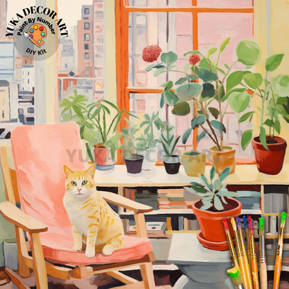 Golden Cat PAINT by NUMBERS DIY Kit Adult Minimalist Art Indoor Plants Urban Home Decor Easy Beginner Painting Bday Custom Gift Girlfriend