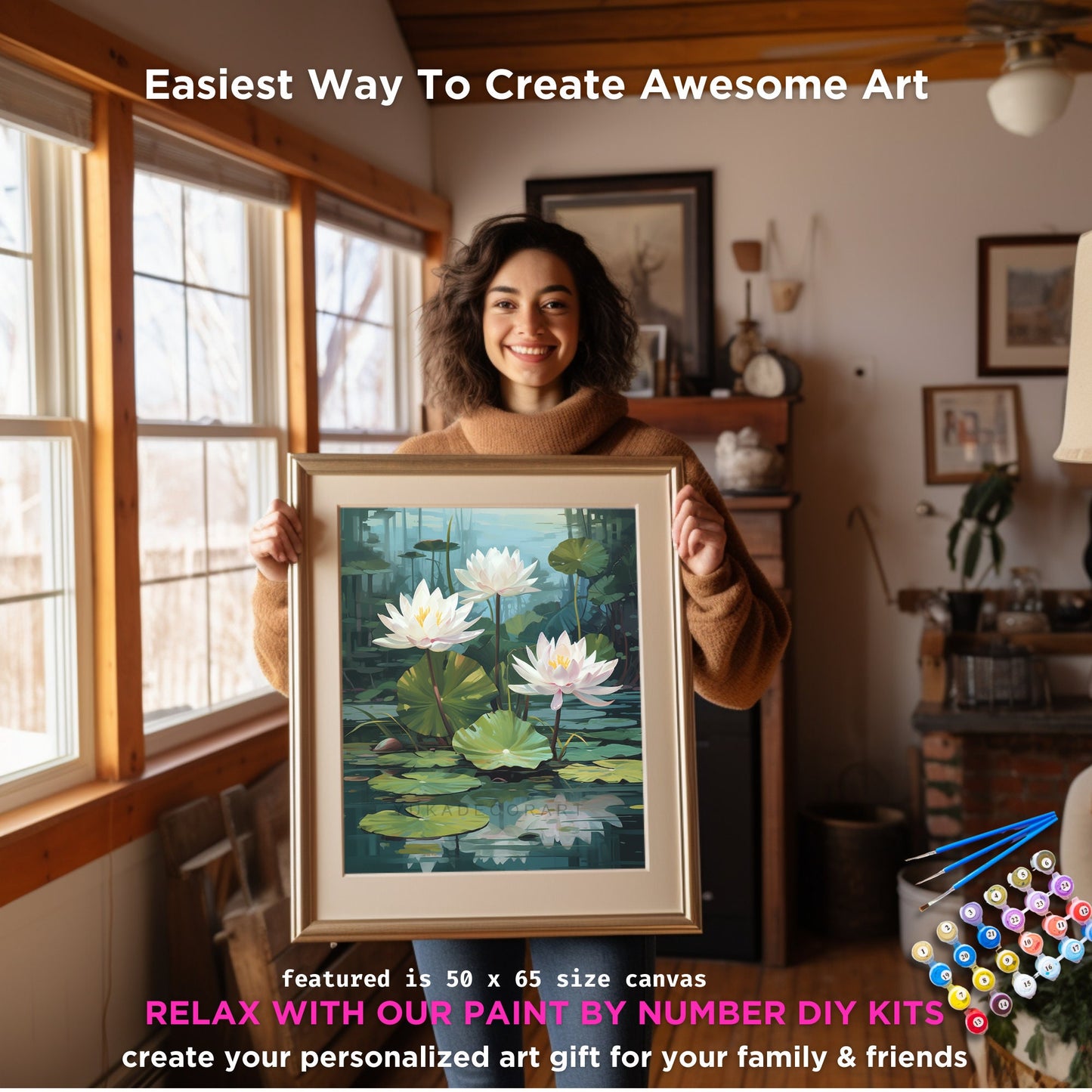 Nature PAINT by NUMBER Kit For Adults White Lilies Lake Flowers DIY Painting Easy Beginners Paint Kit Garden Lover Housewarming Decor Gift