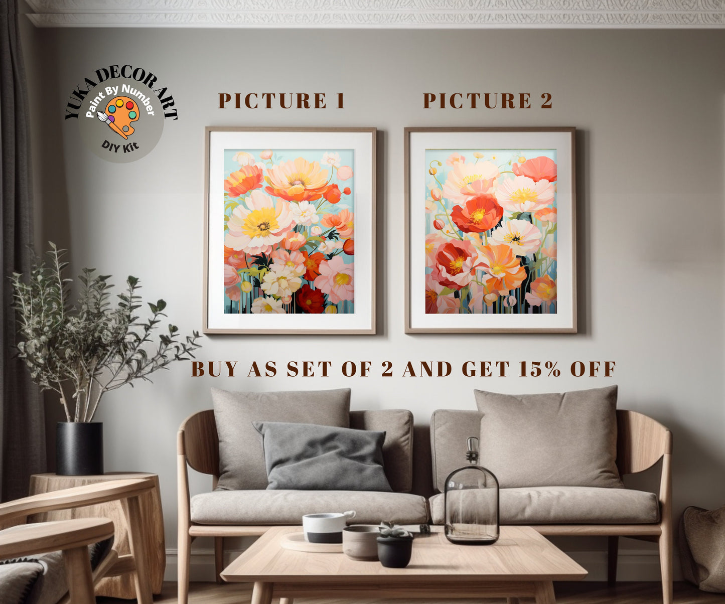 Flowers PAINT by NUMBER Kit Adults | Set Of 2 | WildFlowers DIY Painting Easy Beginners Hobby Kit Wall Art Anniversary Gift Girlfriend Mom