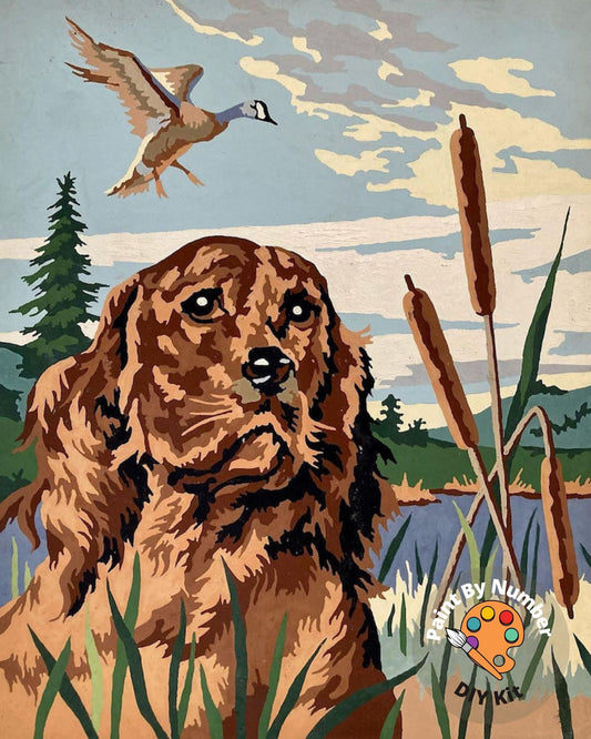 Dog Vintage PAINT by NUMBERS for Adult, Dog in Farm, Flying bird  , Easy Beginner Acrylic Painting  Kit,Vintage Kitschy Decor Gift