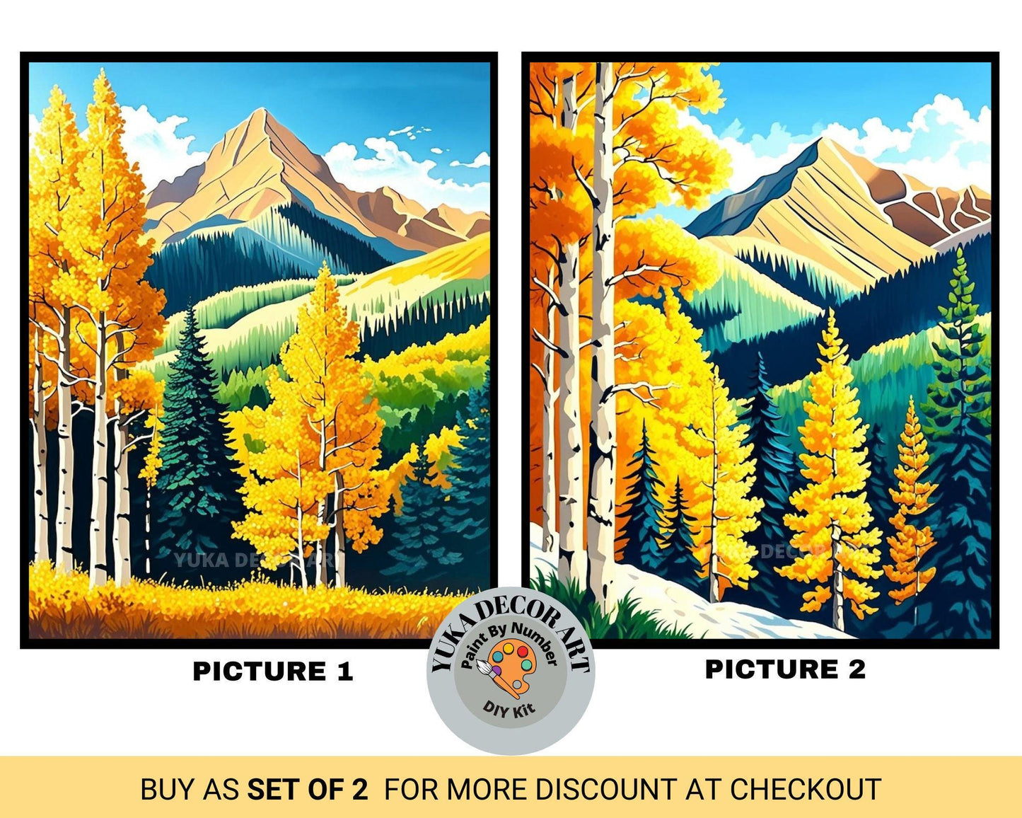 two pictures of a mountain scene with trees
